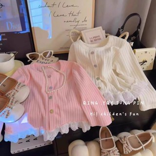 🍼小奶蓋kids🍼女童蕾絲花邊春秋德絨上衣兒童彩扣假門襟長袖洋氣韓版T恤女寶寶