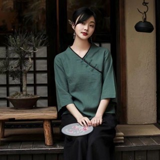 MMI 大尺碼 原創純棉復古藝文短袖唐裝上衣 女春夏新款 改良純棉短袖上衣 民國風茶藝服居士服漢服禪意女裝