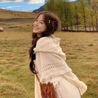 滿200出貨·森系披肩波西米亞流蘇毛衣針織衫新疆草原旅行斗篷連帽圍巾百搭女 旗袍外搭披肩 保暖披風 大尺碼鬥篷外套 斗篷