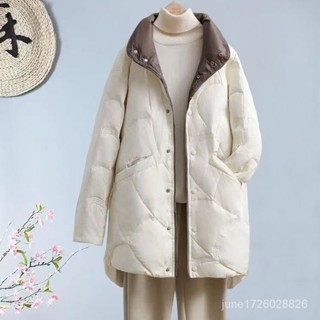 白鴨絨輕薄羽絨服女中長版秋冬新款上檔次小個子韓版寬鬆外套 白鴨絨 保暖 防寒 羽絨外套連帽1101 FZIZ