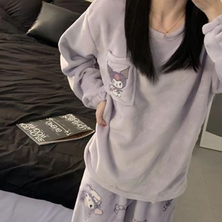 暖冬必備🔥珊瑚絨睡衣女秋冬季加厚可愛庫洛米少女法蘭絨保暖新款家居服套裝 保暖 可愛睡衣