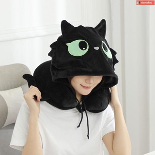 【新品/獨家】記憶 枕頭 護頸 記憶枕頭 記憶枕 u型枕 卡通大眼黑貓U型枕可變形玩偶兩用枕旅行護頸枕周邊毛絨可愛帽子