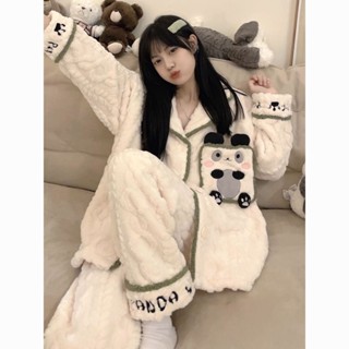 冬季 居家服 睡衣 珊瑚絨睡衣女冬季加絨加厚可愛熊貓少女學生外穿法蘭絨居家服套裝