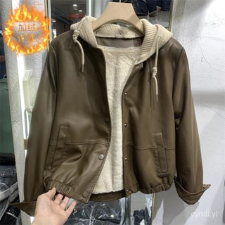 連帽加絨保暖皮衣夾剋女秋冬2024新款加厚派剋服PU皮短外套機車服 機車外套 刷毛皮外套 韓國 女生皮衣外套1106 G