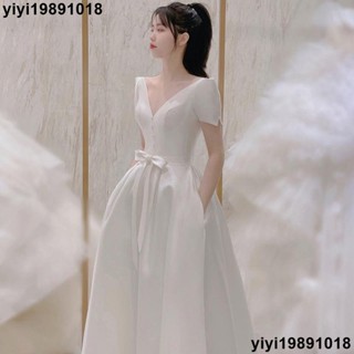 熱銷現發 白色晚禮服裙緞面法式領證登記訂婚洋裝輕婚紗輕奢小眾多色可選自助旅拍婚紗禮服