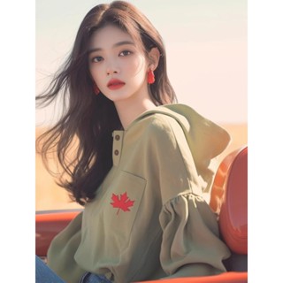 妞妞美🌈 女款帽T 小眾設計感漂亮小衫獨特別緻時髦洋氣設計感綠色印花長袖連帽衛衣 帽T 女 女生長袖 女生上衣