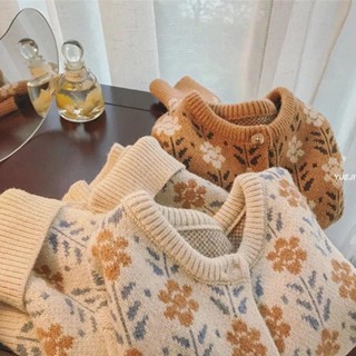 秋冬上新✨ 針織毛衣 復古提花圓領針織紐扣開衫2021春季新款小清新毛衣女裝慵懶風外套 紅色針織衫 跨年毛衣 開衫上衣女