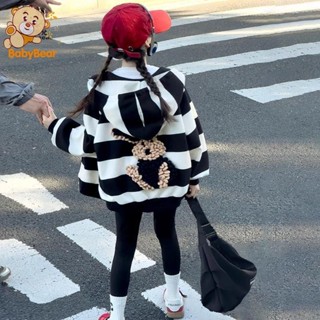 兒童外套 女童外套 童裝外套 女童加絨外套冬裝2024新款兒童洋氣條紋針織兔子連帽中大童上衣潮
