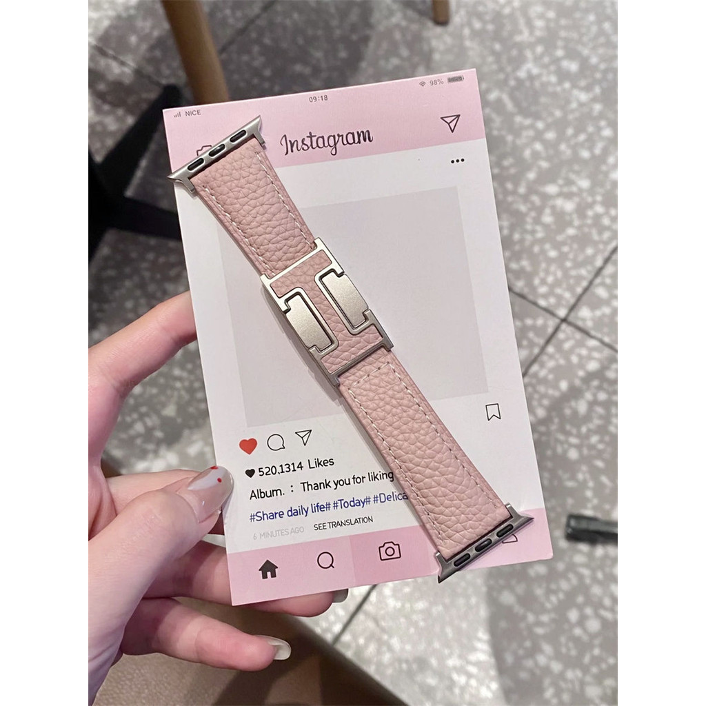 ins適用 Apple watch S11/10/9 摺疊磁吸扣 荔枝紋皮質錶帶 iWatch8蘋果765