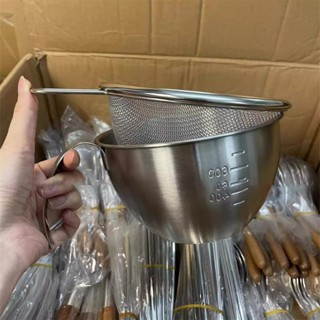 全館特價 高品質 烘焙專用 家庭烘焙304不銹鋼料理盆廚房瀝水籃過濾盤烘焙打蛋盆刻度帶手柄打蛋碗用