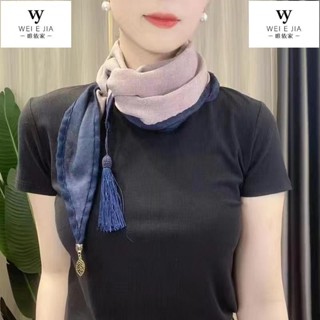 【唯家】一葉知秋藝文棉麻小圍巾 網紅爆款女士國風吊墜雙色護頸圍巾 女雙面雙色三角巾 領巾 雙層柔軟保暖兩用圍巾 復古藝文