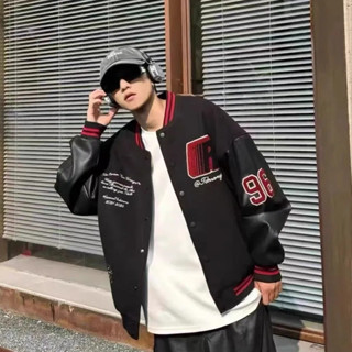 美式復古拼接皮革工裝外套男 春秋季 新款 潮流 痞帥 青年 印花 百搭 棒球外套 夾克上衣 （TMW720）【壹號站】