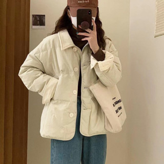 羽絨外套 輕羽絨外套 外套 冬天外套 輕量羽絨外套 輕薄羽絨外套 羽絨服女短款2024韓版寬鬆加厚翻領小個子白鴨絨麵包服