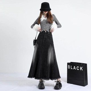 【吉野姐姐】S-5XL 大尺碼半身裙 韓版黑色牛仔半身裙長裙女高腰顯瘦a字裙 毛邊裙子 秋冬半身裙 復古牛仔半身長裙