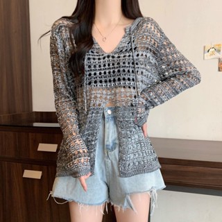 coco小姐✨大碼 女裝 防曬 罩衫 秋季 外搭 寬鬆 鏤空 針織 上衣 開叉 設計感 空調衫