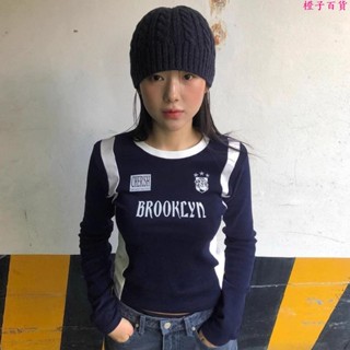 長袖緊身上衣🎀美式辣妹修身拼色設計短款上衣秋季休閑顯瘦復古字母印花長袖T恤