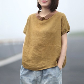 棉麻上衣 Polo領 短袖襯衫 翻領襯衫 中年上衣 夏季女裝 短袖上衣 t恤女 大尺碼女裝 寬鬆上衣 韓版上衣