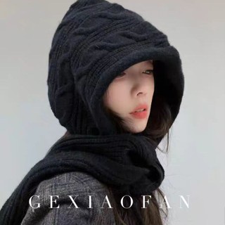【熱銷免運】2024新款連帽針織披肩女毛線帽子圍脖一體抽繩秋冬加厚簡約針織帽 保暖 面罩 圍脖 圍巾 保暖圍脖 保暖圍巾