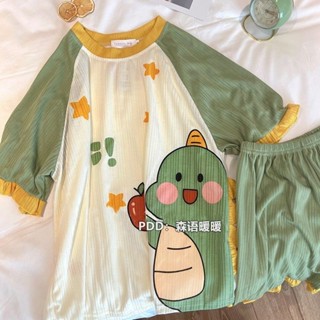 糖果屋~韓版ins風夏季新款恐龍睡衣女短袖短褲夏天卡通可愛可外穿家居服套裝居家服