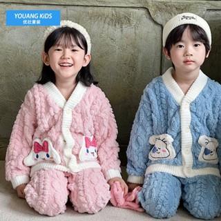 特價⚡法蘭絨睡衣 兒童冬款睡衣 加厚家居服 加絨睡衣 兒童法蘭絨睡衣套裝男女寶寶卡通加厚內衣中小童開衫珊瑚絨家居服
