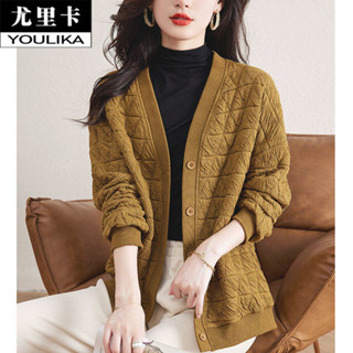 小香風菱格空氣夾棉外套女秋冬季新款百搭寬鬆大碼開衫棉服上衣