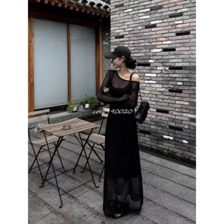 🌸現H+免運🌸 針織長袖 性感網格透視洋裝+內搭吊帶洋裝兩件套套裝