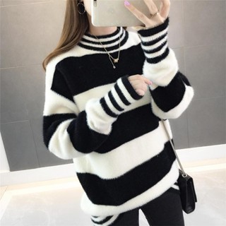 秋冬仿水貂半高領加厚保暖套頭毛衣女學生韓版寬鬆條紋打底衫
