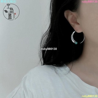 獨家販售 S925純銀鑲嵌綠松民族風手工復古風耳環雕花綠松石中式氣質女耳圈 民族風飾品 手工耳環