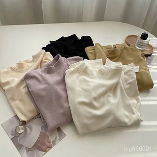 台灣隔日達德絨 保暖上衣 發熱衣 內刷毛 內搭上衣 圓領打底衫T恤女百搭純色長袖修身內搭上衣女打底衣 微高領內搭 上衣T