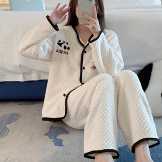 Lam 睡衣睡袍睡衣女秋冬珊瑚絨加厚保暖開衫卡通少女睡衣家居服套裝