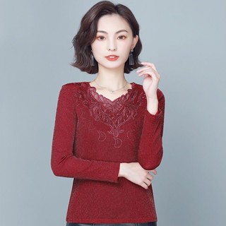 加刷毛/不加刷毛 網紗V領打底衫女秋冬季新款加絨加厚保暖T恤蕾絲上衣秋天女裝