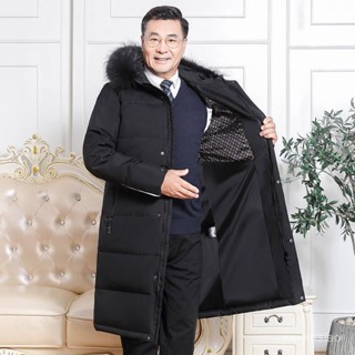 長版羽絨外套連帽 白鴨絨外套男 爺爺 父親冬季中老年羽絨服男士加厚保暖外套爸爸冬裝大尺碼過膝長版棉服外套9991