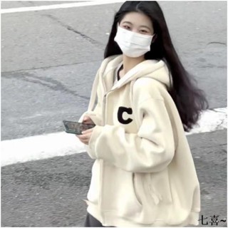 七喜服裝 2024春秋外套新款衛衣女潮ins 連帽外套 oversize寬松學生原宿慵懶風小眾設計感純色 拉鏈 印花