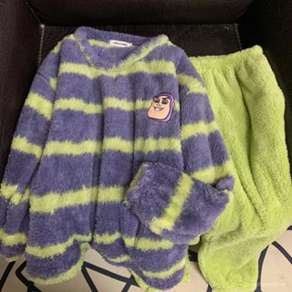 【臺灣出貨】韓國史迪奇情侶睡衣女秋冬季加絨加厚珊瑚絨男卡通保暖套頭家居服 睡衣 保暖睡衣 絨毛睡衣