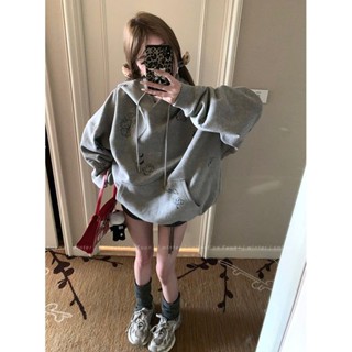 臺灣出貨🚚乖嗲灰色慵懶寬鬆連帽磨毛加絨衛衣女oversize休閒外套上衣