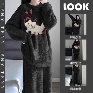 Lam 睡衣 居家服 珊瑚絨睡衣女 韓版睡衣 長袖長褲冬季睡衣 甜美ins 半邊絨小貓睡衣 加絨加厚 可外穿 家居服套裝
