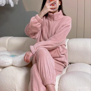 小囡囡特價優選~簡約拉鏈家居服暖暖套裝2024冬季加厚保暖可外穿珊瑚絨睡衣兩件套 N8VU