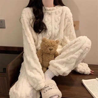 珊瑚絨家居服 秋冬睡衣 甜美家居服可外穿套裝秋冬提花珊瑚絨加厚保暖睡衣睡褲兩件套女 保暖法蘭絨 加絨睡衣