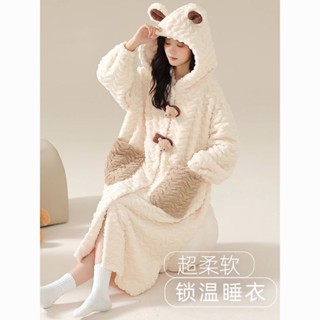時尚睡袍🌹 睡袍 秋冬加厚加長保暖睡衣 浴袍 加絨居家服 睡衣女秋冬季300斤大碼珊瑚加絨加厚過膝洋氣連帽睡袍長款家居