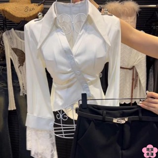 🌸現H+免運🌸 【長袖上衣】 氣質蕾絲拼接翻領長袖襯衫女秋季新款收腰顯瘦別緻上衣