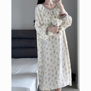 Xuan♥300斤大碼長袖睡裙女春秋季新款ins風甜美卡通寬鬆過膝睡衣家居服