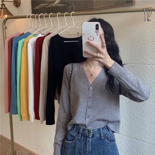 臺灣現貨+速發 | 韓版寬鬆短款高腰長袖外搭上衣毛女外套v領針織衫開衫 ( MY8A55 ) 19-0169