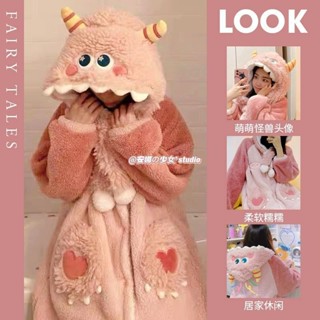 桃園出貨*小怪獸珊瑚絨睡衣女加絨加厚睡袍秋冬季卡通可愛長款居家服浴袍套裝