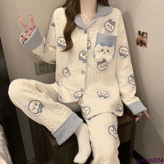 【臺灣出貨】韓版睡衣 厚款 睡袍 保暖 法蘭絨 毛絨睡衣 吉伊卡哇小八空氣棉夾層卡通睡衣女秋冬季新款家居服兩件套可外穿