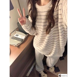 🎀臺灣出貨🎀Round🎀甜美可愛睡衣 韓版ins加厚珊瑚絨睡衣女冬季甜美簡約學生條紋法蘭絨家居服套裝