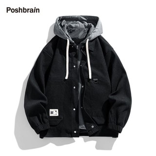 【PE】POSHBRAIN夾剋外套男士2025年春秋新款工裝潮流寬鬆休閒連帽男裝