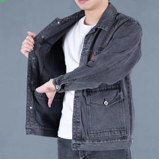 臺灣出貨煙灰色複古牛仔外套男士2022新款簡約潮流寬鬆百搭工裝牛仔夾剋衣 秋冬外套 牛仔外套 男士牛仔外套 加厚牛仔外套