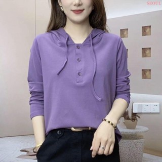 高檔秋季新款衛衣女長袖袖連帽打底衫媽媽裝休閑寬松上衣大碼T恤 女生長袖 t恤女 長袖上衣