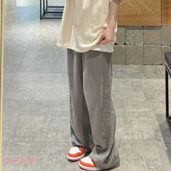 【ohi】大尺碼闊腿拖地西裝褲女 寬鬆顯瘦側邊條紋直筒休閒西褲 鬆緊腰落地黑色西裝寬褲女長褲(GPS237