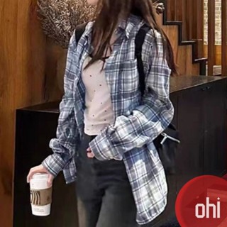 【ohi】輕奢高階感藍色格紋襯衫外套 長袖襯衫 學院風襯衫女 女生襯衫 襯衣 襯衫 上衣 女裝 GSNA81